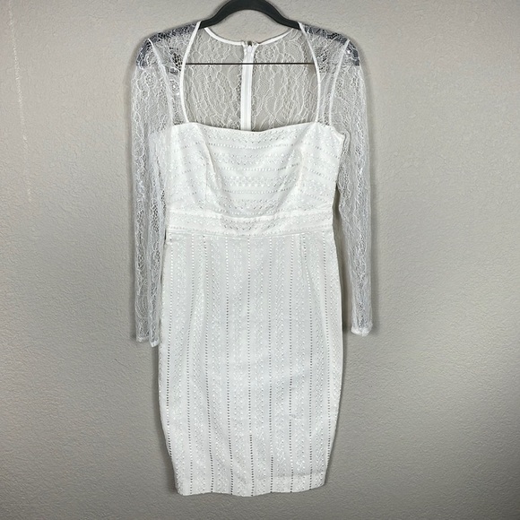 NWOT Sau Square Neck Long Lace Sleeve White Sheath Dress Textured Bridal Sz 8 - Picture 6 of 14
